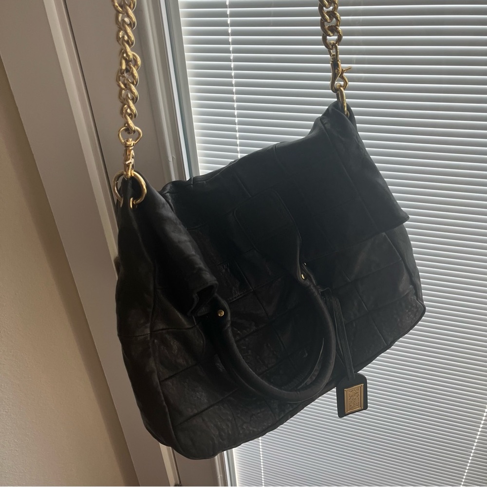 Black Genuine Leather Quilted Large Foldover crossbody purse  Long tote
